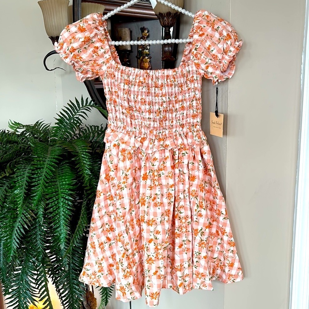 Brand New Smak Parlour Peach Gingham Floral Smocked Mini Dress Puff Sleeves Mod - Picture 5 of 15